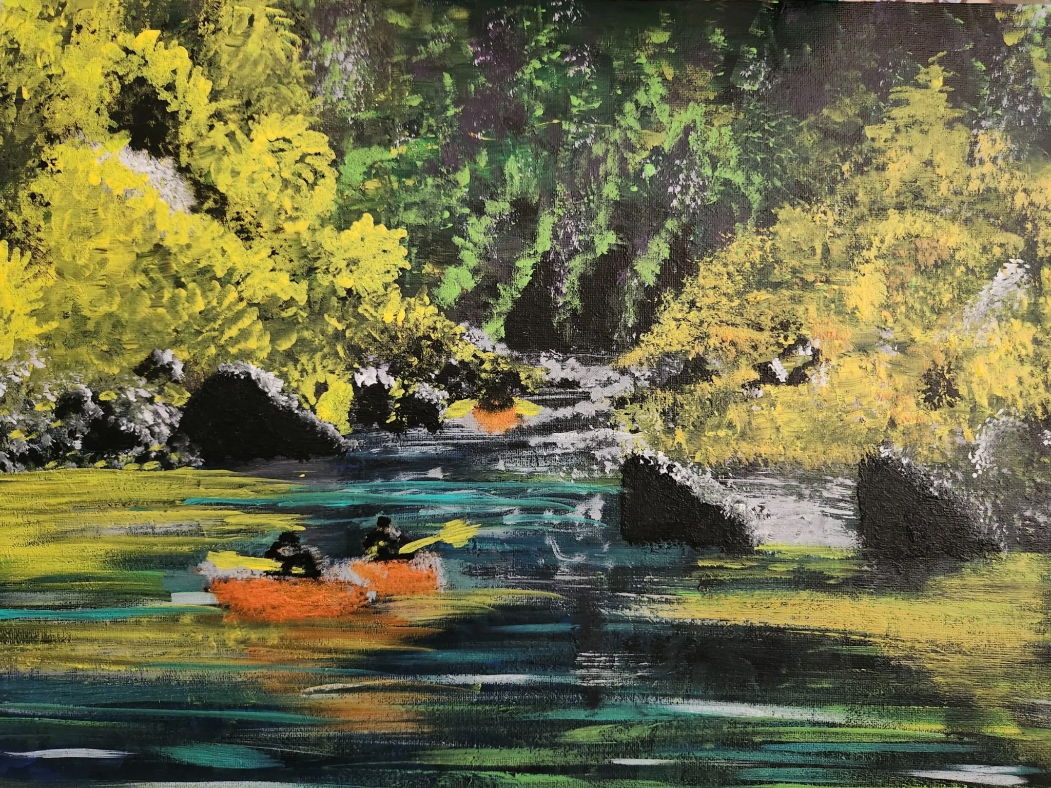 Painting by Katherine Sallas showing kayakers on a forest river