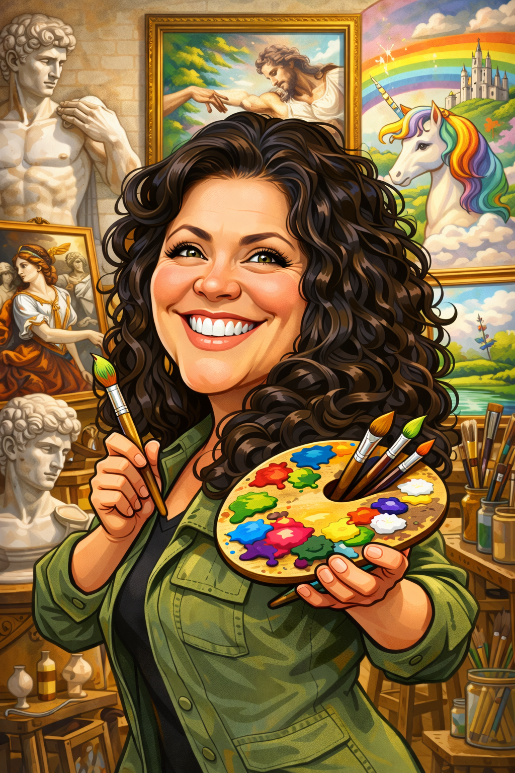 Illustrated portrait of Katherine Sallas, artist behind Impressive Designs
